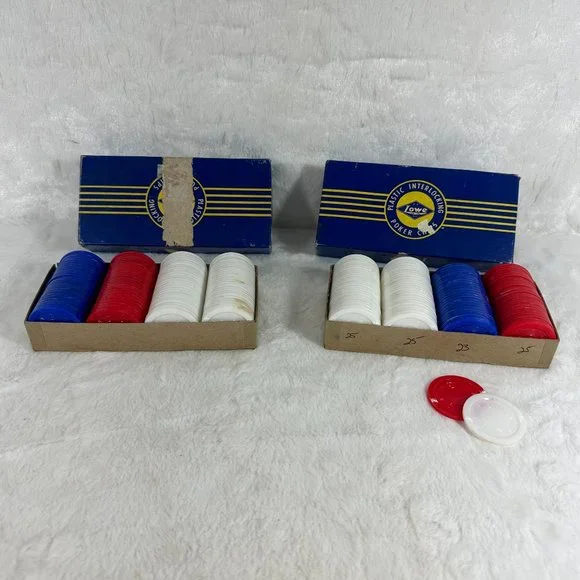 Set Vintage 100 x 2 Lowe Plastic Poker Chips USA Red White Blue original boxes - Picture 1 of 5